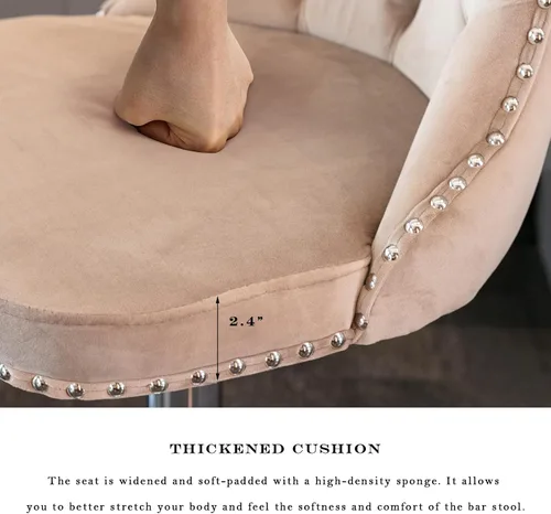 Vista 54 de SoarFlash Juego de 2 taburetes de bar tapizados de terciopelo moderno con patas de madera, botones acolchados, cabeza de clavo cromada, asiento