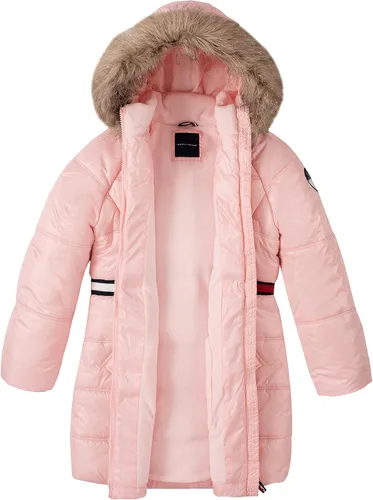 Vista 3 de Tommy Hilfiger Chaqueta acolchada larga para niñas impermeable con forro polar y capucha de piel sintética