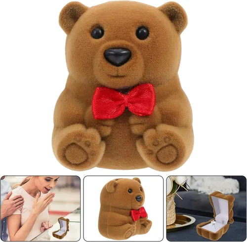 Vista 3 de FOMIYES Caja de anillo de compromiso con mini oso, caja de anillo de boda, caja de regalo creativa, caja de regalo para propuesta de compromiso