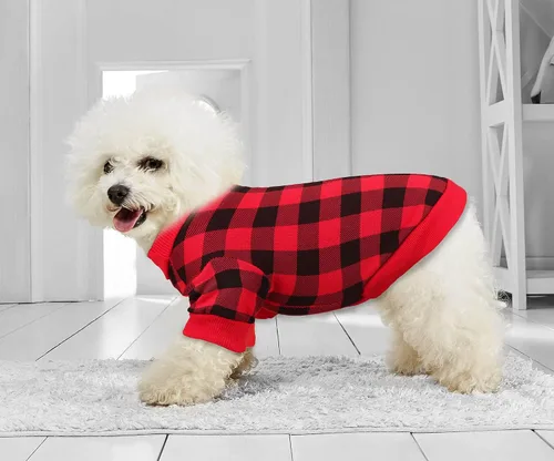 Vista 2 de Suéter de forro polar para perros pequeños con patrón de cuadros búfalo, ropa para perros suave y engrosada, ropa cálida para cachorros, suéter