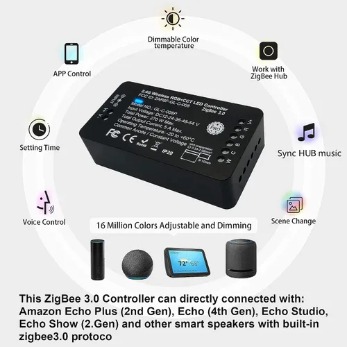 Vista 5 de GIDEALED Zigbee - Controlador LED 3.0 Pro funciona con ZigBee Hub Bridge Echo Plus para tira de luz LED RGBW RGBWW RGBCCT, compatible con aplicación