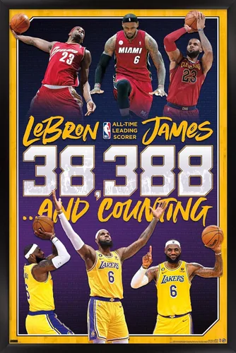 Vista 8 de NBA League - Póster de pared de LeBron James All-Time Scoring Leader, 22.4 pulgadas de largo x 14.7 pulgadas de ancho, versión enmarcada de madera