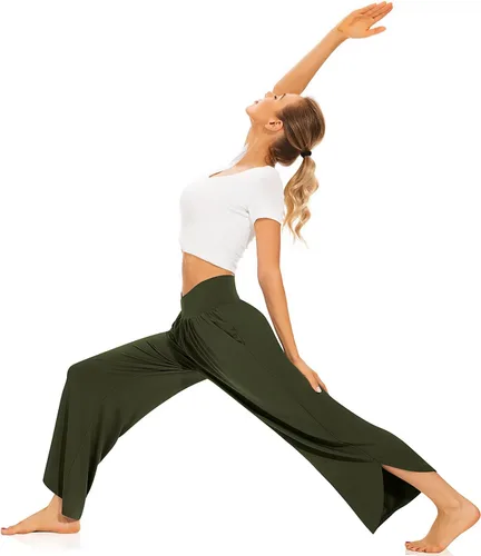 Vista 4 de TARSE Pantalones de pierna ancha para mujer, pantalones de yoga de cintura alta cruzada, pantalones casuales para descansar, pantalones de pijama