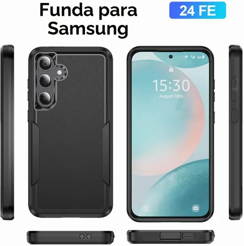 Vista 8 de Funda para Samsung Galaxy S24 FE con 2 protectores de pantalla de vidrio templado y protector de lente de cámara, capa interior de TPU suave y Negro