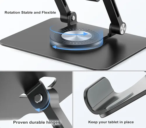 Vista 7 de Orlian Soporte para tablet con base giratoria de 360°, soporte ajustable de aluminio para tableta de doble varilla para escritorio, compatible