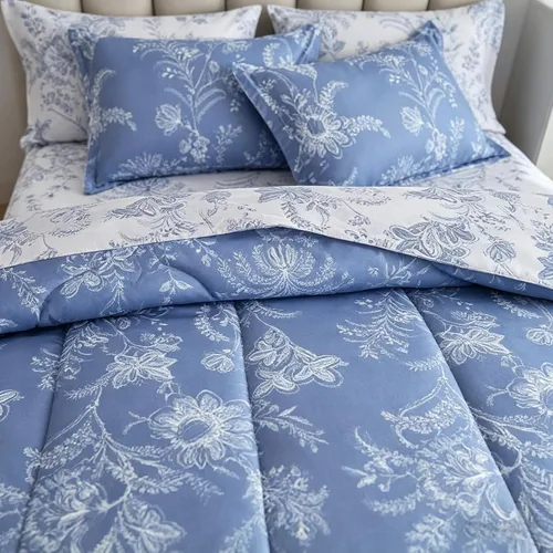 Vista 2 de Shatex Juego de edredón floral tamaño individual con estampado azul claro, elegante y acogedora decoración de dormitorio