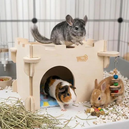Vista 6 de Casa Castillo YKD para Chinchilla, Escondite de Animales Pequeños para Chinchilla, Conejo, Erizo o Ratón, Hábitat Ventilado de Madera para Conejo