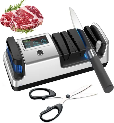 Vista 7 de Afilador de cuchillos eléctrico 5 en 1 para cuchillos de cocina, afilador de 3 etapas con 100% abrasivo de diamante, pantalla LCD, velocidad