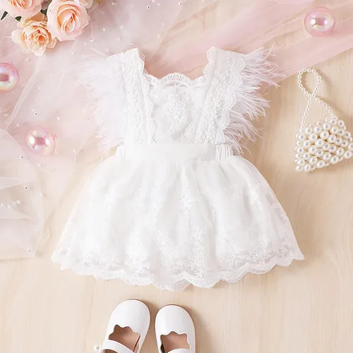 Vista 2 de Vestido de encaje para niñas pequeñas, vestido de encaje con bordado floral, manga de plumas, tul tutú, vestido de fiesta acampanado