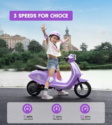 Vista 4 de Motocicleta para niños, motocicleta eléctrica de 2 ruedas para niñas de 8 a 14 años, juguetes de paseo de 24 V con música, historia, faro, 3 Morado