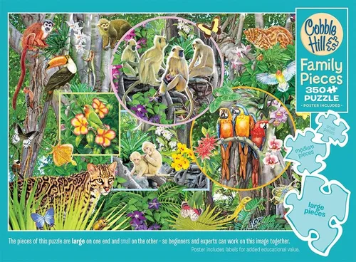 Vista 5 de Cobble Hill Family Piece's 350 Puzzle – Rainforest Magic – Póster de muestra incluido