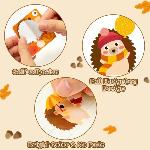 Vista 5 de Haooryx 300 piezas Calcomanías de erizo de otoño para hacer caras, escena en rollo, haz tu propio erizo decorativo, calcomanía autoadhesiva mixta