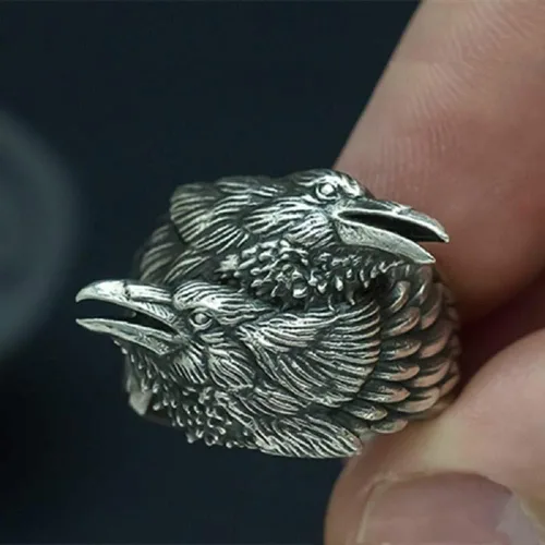 Vista 3 de BAVAHA new store - Anillo de acero inoxidable 316L para hombre, dos cuervos entrelazados, mitología nórdica, color plateado, anillos de acero