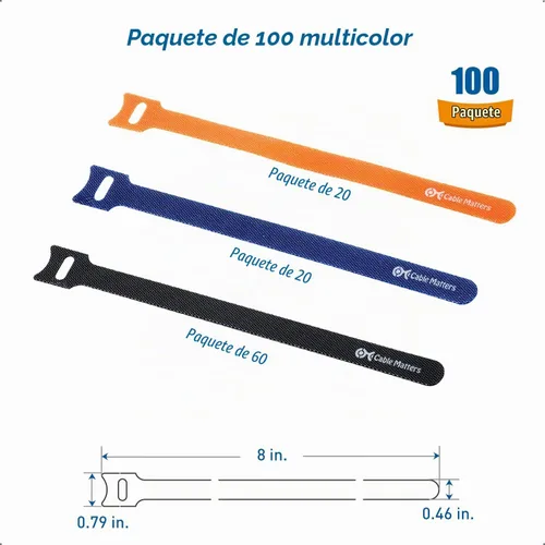 Vista 3 de Cable Matters 100 paquetes de bridas de 8.0 pulgadas con gancho y bucle, bridas de cable reutilizables con 42 libras de fuerza de tracción