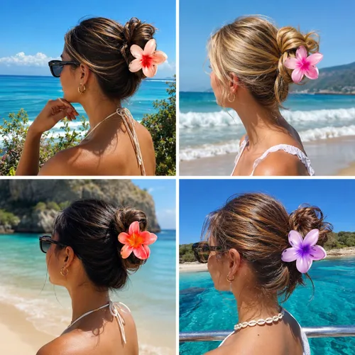 Vista 3 de Paquete de 6 pinzas para el pelo de flores para mujeres, pinzas de hibisco hawaiano, bonitos accesorios para el cabello, regalos para mujeres y niñas
