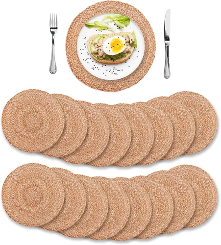 Vista 14 de Eco Crave - Juego de 2 manteles individuales redondos tejidos de yute, natural, 33 cm, estilo boho, rústico, de granja, tejido a mano