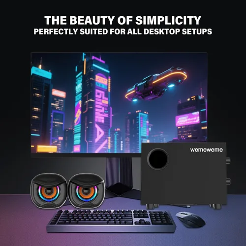 Vista 6 de Altavoces de computadora, altavoces de PC con subwoofer, altavoces para juegos 2.1 para PC de escritorio, alimentación USB con cable auxiliar