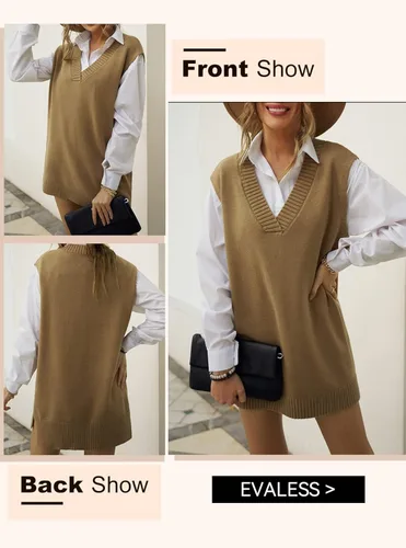 Vista 3 de EVLAESS - Chaleco de gran tamaño para mujer, cuello en V, sin mangas, color sólido, suéter suelto