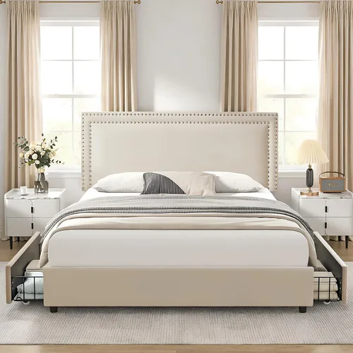 Vista 113 de VECELO Base de cama de plataforma de tamaño individual con cabecera tapizada de altura ajustable, base de colchón moderna, soporte de listones