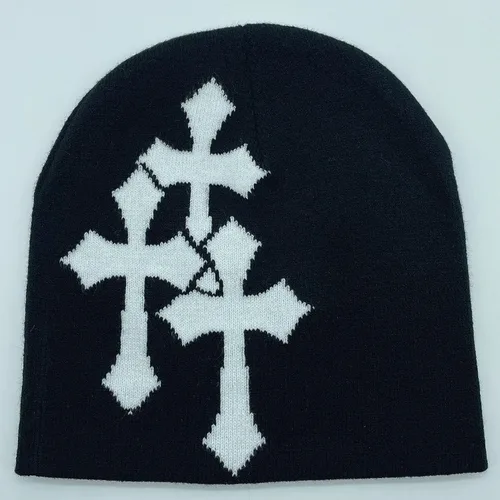 Vista 2 de Y2K Gorro de punto con gráficos cruzados para hombres y mujeres, jacquard, punk, color sólido, sombrero de tendencia para deportes al aire libre