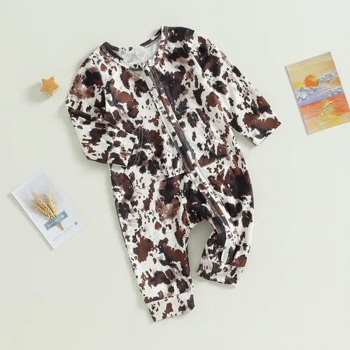 Vista 4 de FIOMVA Newborn Western Baby Boy Clothes Highland Cow Print Onesie Jumpsuit Fall Outfit Zipper Cowboy One Piece Romper