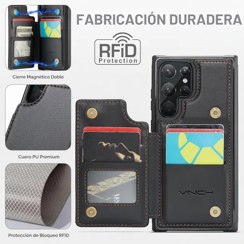 Vista 2 de Vinich Funda tipo cartera para Samsung Galaxy S22 Ultra con tarjetero Negro