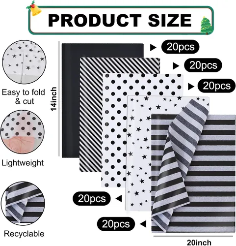 Vista 3 de BEISHIDA 100 hojas de papel de seda blanco y negro a granel, rayas de sarga y puntos, estrellas para bolsas de regalo, papel de regalo de 14 x 20