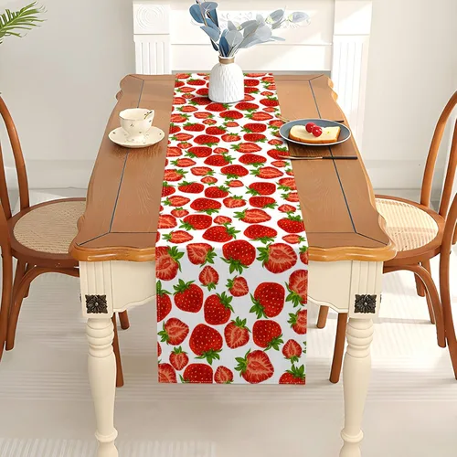 Vista 4 de Pudodo Camino de mesa de fresa para primavera y verano, con temática de fresas, cumpleaños, baby shower, fiesta, cocina, comedor, decoración