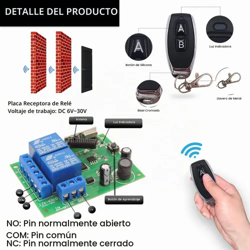 Vista 5 de DieseRC DC 12V 24V 30V Interruptor de control remoto seguro universal inalámbrico 433Mhz RF Placa receptora de relé de 10A con 2 llaveros 2 botones