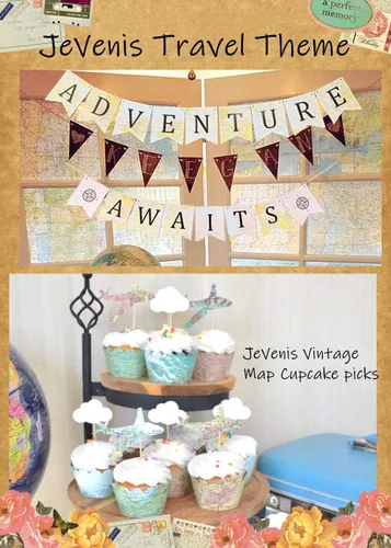 Vista 6 de JeVenis Adventure Awaits - Cartel temático de viaje para baby shower, graduación, fiesta de jubilación, 1 x 1 pulgada, tonos tierra, cuadrado