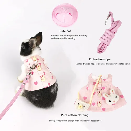 Vista 2 de Ropa de conejillo de indias, arnés de conejo, ropa de conejo de hurón con arnés de conejo para mascotas y correa, mini bolsa para sombrero, lindo
