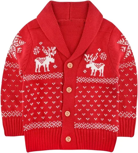 Vista 8 de SANMIO Suéter de manga larga con botones para bebés, niños y niñas, diseño de ciervo, Navidad, 6M-4T Navidad verde