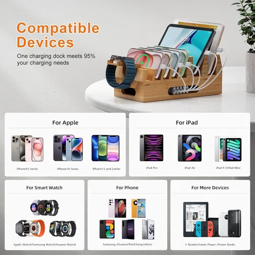 Vista 2 de Pezin & Hulin Soporte de estación de carga de bambú con cargador USB de 5 puertos, 5 cables de carga, soporte de reloj, soporte de acoplamiento