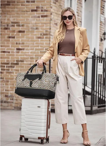 Vista 2 de CLUCI Bolsa de fin de semana para mujer, de cuero, grande, con compartimento para zapatos, Patrón de leopardo con negro
