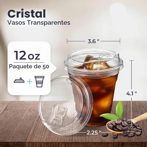 Vista 2 de Fit Meal Prep Paquete de 50 vasos de plástico transparente de 12 onzas con tapas sin pajilla, tazas de café de plástico desechables con tapas, tazas