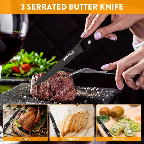 Vista 2 de Juego de 6 cuchillos negros para carne, juegos de carne afilados y dentados con caja de regalo, cubertería de mesa de acero inoxidable de 4.5