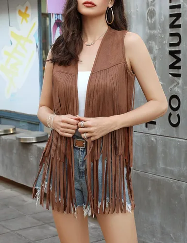 Vista 2 de KOJOOIN Chaleco de flecos para mujer, estilo hippie occidental, de los años 70, de ante sintético, sin mangas, con flecos, Marrón