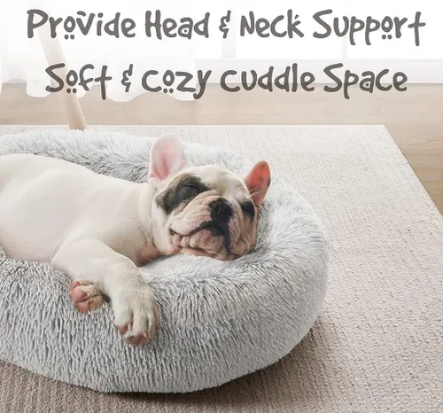 Vista 2 de Friends Forever Cama para perro en forma de dona, de piel sintética, mullida, relajante, para perros pequeños, suave y afelpada, antiansiedad, sofá