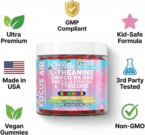 Vista 8 de Clean Nutra Kids Focus - Gomitas con L-teanina, ginkgo biloba, aceite de pescado omega-3, L-tirosina, vitamina B6, B12-60 unidades, etiqueta limpia