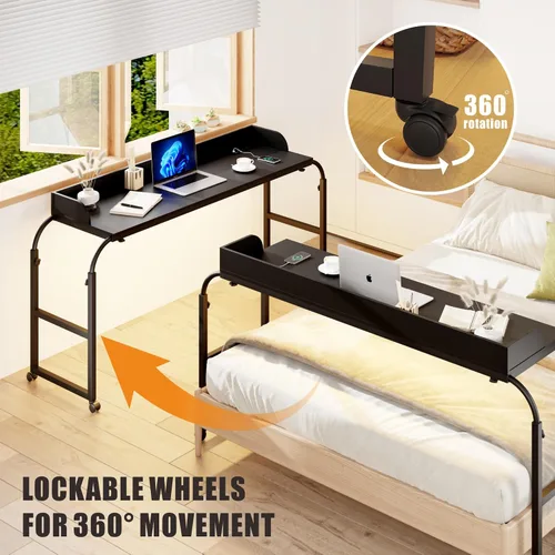 Vista 4 de HWB Mesa sobre cama con luces LED de sensor automático, mesa sobre cama con ruedas de altura ajustable con estación de carga, mesa auxiliar, mesa