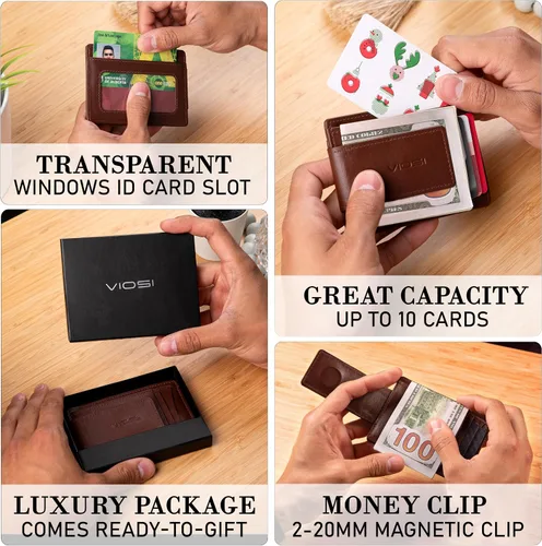 Vista 4 de Billetera con clip magnético con bolsa frontal de cuero de hombre, Viosi RFID, Marrón