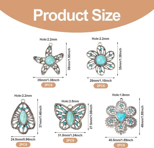 Vista 6 de PH PandaHall PandaHall - 10 dijes bohemios de mariposa turquesa en 5 estilos de flores turquesas, dijes de joyería occidental para manualidades