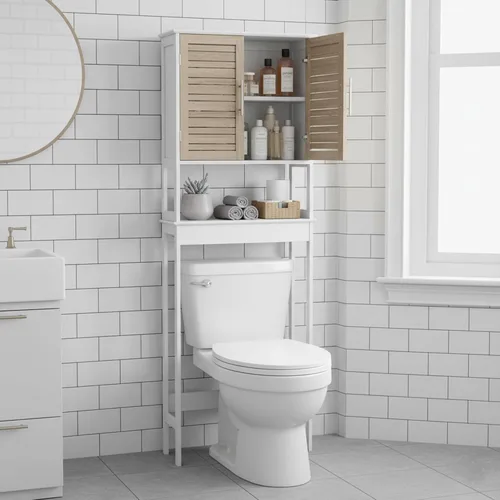 Vista 2 de TENDANCE Armario de almacenamiento sobre el inodoro con puertas dobles y estante abierto, gabinete de almacenamiento de baño que ahorra espacio