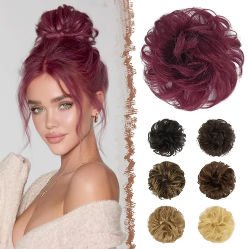 Vista 11 de FESHFEN - Extensiones de moño desordenado humano 100% cabello real, piezas de cabello rizado, extensiones de cola de caballo, cabello ondulado