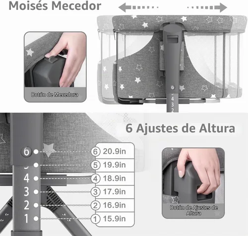 Vista 2 de BIUSIKAN Moisés de bebé 3 en 1, moisés mecedora para dormir junto a la cama con colchón cómodo y malla transpirable, 6 alturas ajustables y ruedas