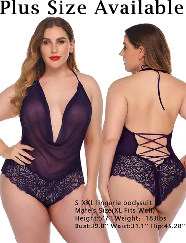 Vista 5 de Avidlove - Traje de lencería sexy para mujer diseño de peluche una pieza con encaje cabestro