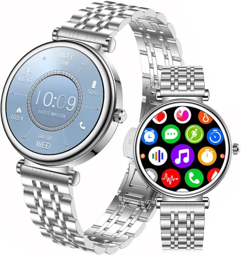 Vista 9 de Reloj para mujer, pantalla AMOLED HD de 1.25 pulgadas, reloj inteligente para mujer, rastreador de actividad física con monitor de frecuencia Dorado