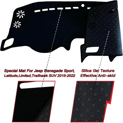 Vista 2 de Funda para salpicadero interior compatible con Jeep Renegade SUV Sport Latitude Limited Trailhawk 2015-2022 Protector de rayos UV (borde negro)