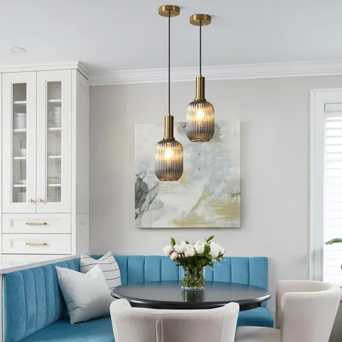 Vista 5 de KCO Lighting Lámpara Colgante Mini de Cristal Ahumado, Accesorio de Iluminación de 1 Luz Oro Cepillado, Luces Colgantes para Isla de Cocina