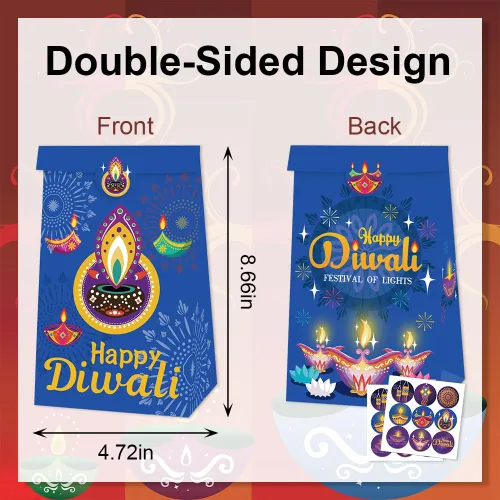 Vista 2 de ALIBBON 12 bolsas de regalo Happy Diwali, suministros de fiesta Diwali, bolsas de papel kraft para aperitivos de dulces, bolsas de regalo de fiesta